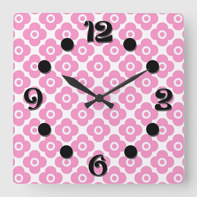 Pink and white simple floral pattern square wall clock (Front)