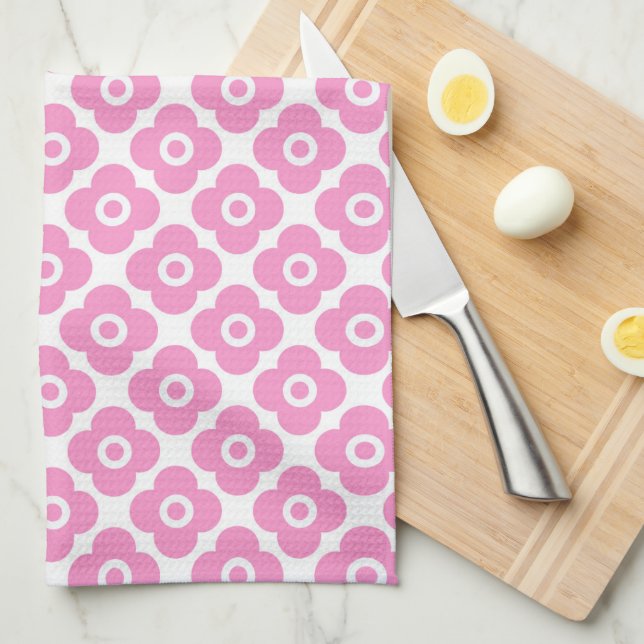 Pink and white simple floral pattern tea towel (Quarter Fold)
