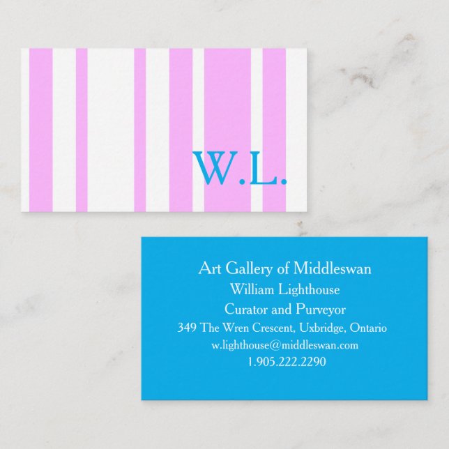 Pink and White Simple Stripes with Monogram Business Card (Front/Back)