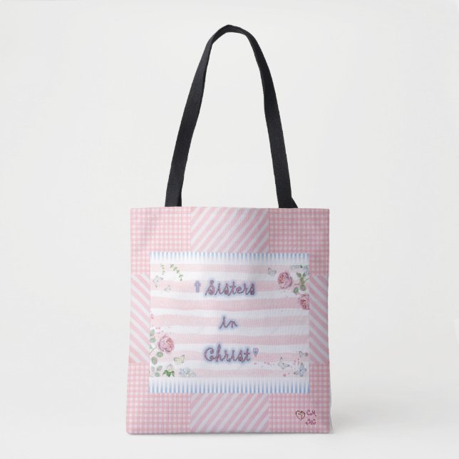 Pink and White "Sisters in Christ" Bible Tote Bag (Front)