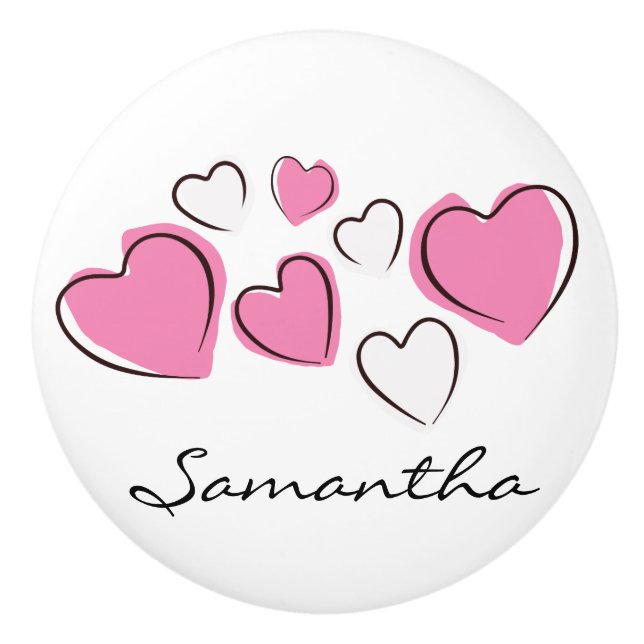 Pink and White Sketchy Hearts Ceramic Pull or Knob (Front)