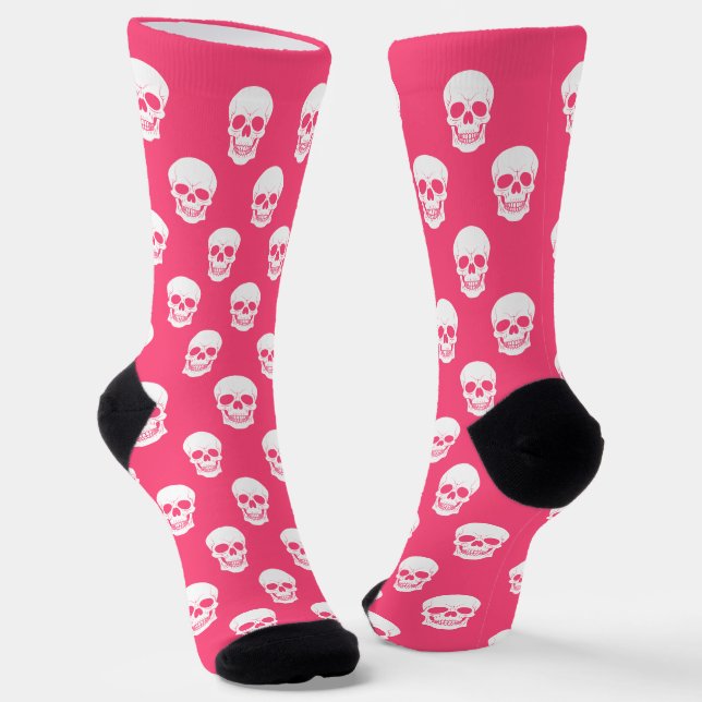 Pink And White Skull Silhouette Pattern Halloween Socks (Angled)