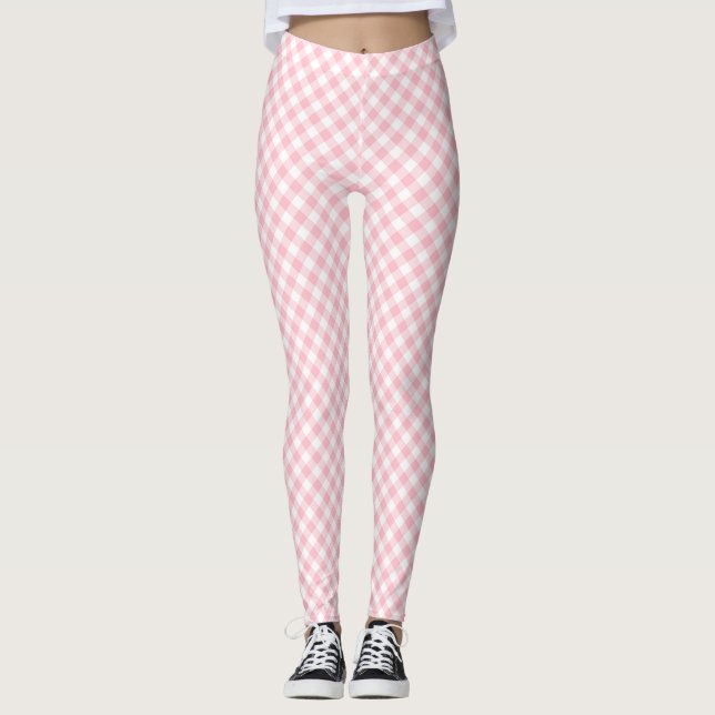 Pink and White Small Diagonal Size Gingham Checks Leggings (Front)