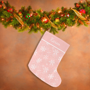 Pink and white snowflakes name Christmas Large Christmas Stocking