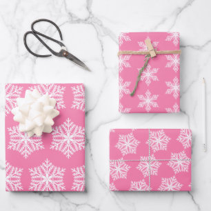 Pink and White Snowflakes Pattern Christmas Wrapping Paper Sheet