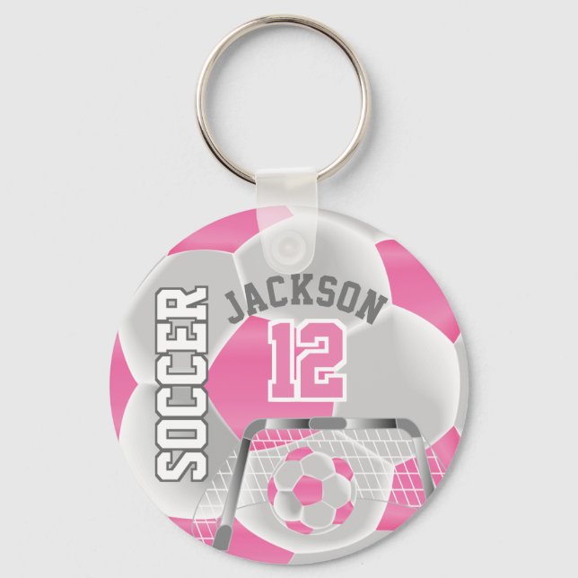 Pink and White Soccer ⚽ Ball  Sport Key Ring (Front)