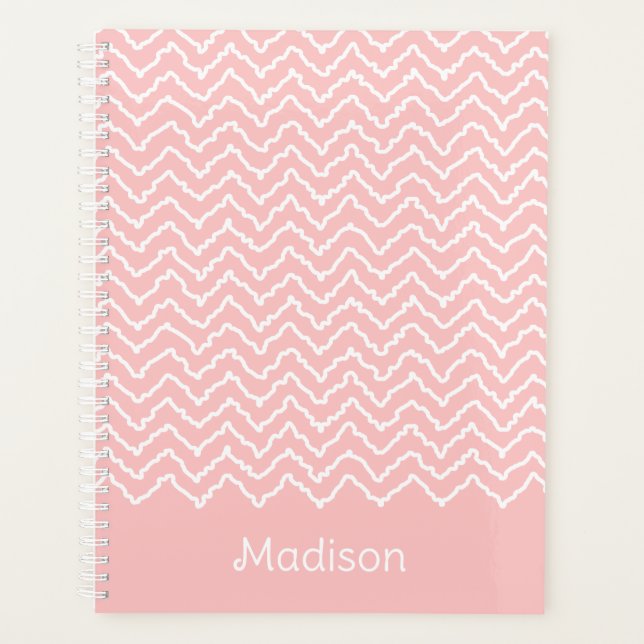Pink And White Squiggly Chevron Zigzag With Name Planner (Front)