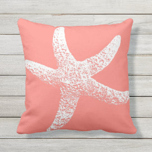 Pink and White Starfish Outdoor Throw Pillow