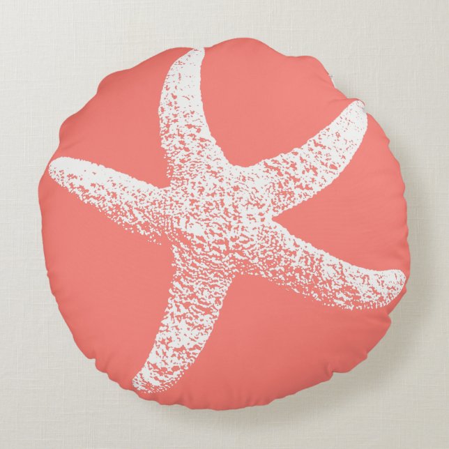 Pink and white Starfish Round Pillow (Back)