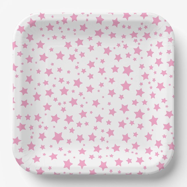 Pink and White Stars Whimsical Celestial Party Paper Plate (Front)