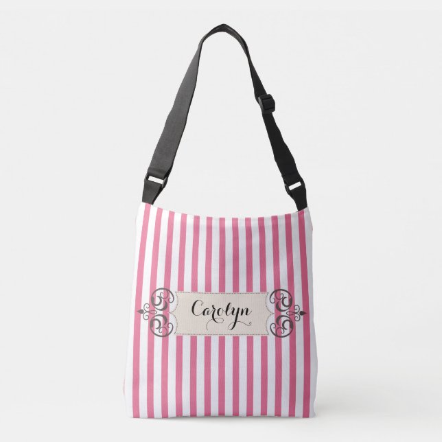 Pink and White Stripe Add Name Customised Bag (Front)