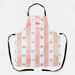 Pink and White Stripe - Hearts, Rose, Paw Print Apron
