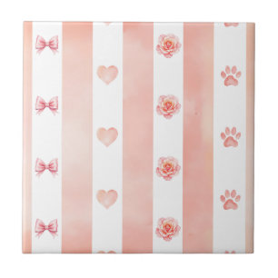 Pink and White Stripe - Hearts, Rose, Paw Print Ceramic Tile