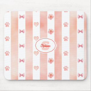 Pink and White Stripe - Hearts, Rose, Paw Print Mouse Pad