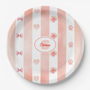 Pink and White Stripe - Hearts, Rose, Paw Print Paper Plate