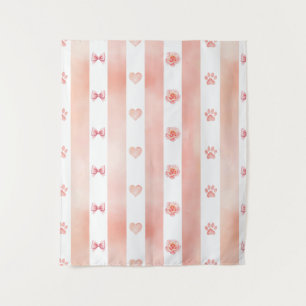 Pink and White Stripe - Hearts, Rose, Paw Print Tapestry