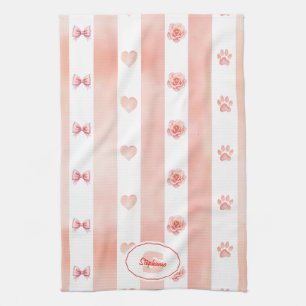 Pink and White Stripe - Hearts, Rose, Paw Print Tea Towel