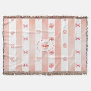 Pink and White Stripe - Hearts, Rose, Paw Print Throw Blanket