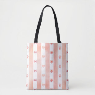Pink and White Stripe - Hearts, Rose, Paw Print Tote Bag