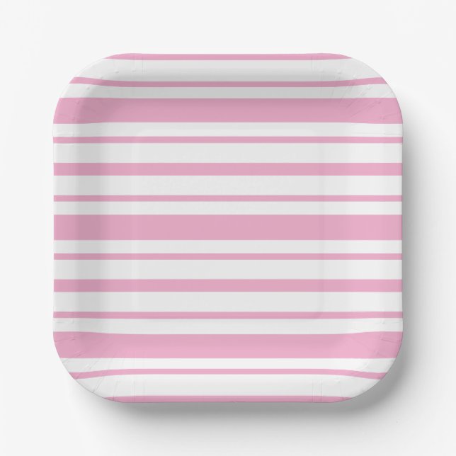 Pink and White Stripe Pattern Square Paper Plate (Front)