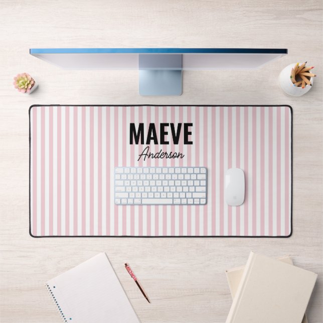 Pink and white stripe personalised modern elegant desk mat (Office 1)