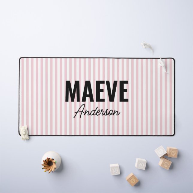 Pink and white stripe personalised modern elegant desk mat (Kids Table)