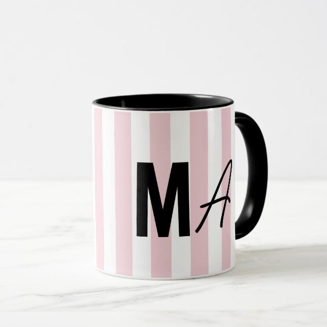 Pink and white stripe personalised modern monogram mug (Front Right)