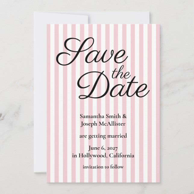 Pink and White Stripe Save The Date (Front)
