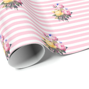 Pink and White Stripe Shabby Floral Chic Gift Wrap