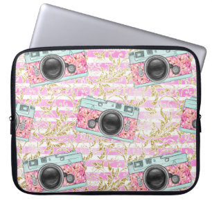 Pink and White Striped Cameras Laptop Sleeve