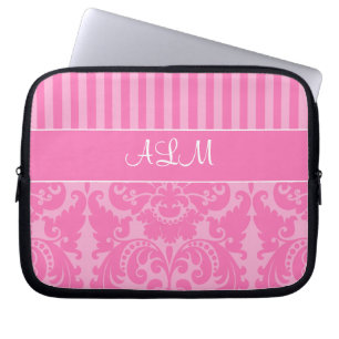 Pink and White Striped Damask Laptop Sleeve