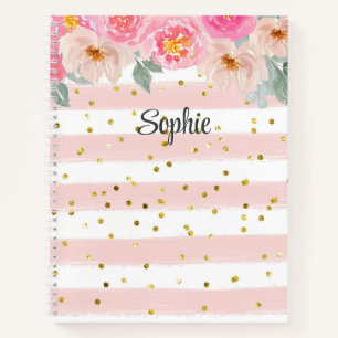 Pink and White Striped Gold Glitter Floral Custom Notebook