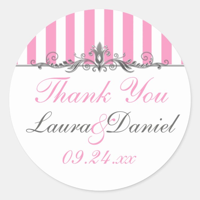 Pink and White Striped Wedding Favour Sticker (Front)