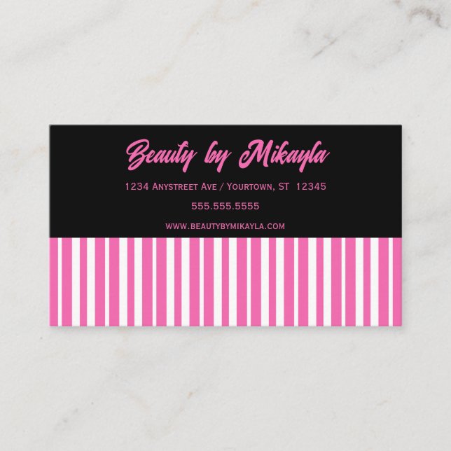 Pink and White Stripes Beauty Style Salon Business Card (Front)