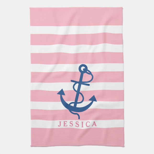 Pink And White Stripes Blue Nautical Anchor 2 Tea Towel (Vertical)