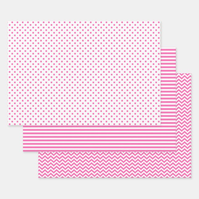 Pink and White Stripes Chevron Polka Dots Wrapping Paper Sheet (Set)
