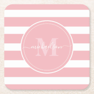 Pink and White Stripes Monogram Name Square Paper Coaster