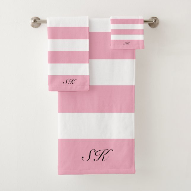 Pink and white stripes pattern bath towel set (Insitu)