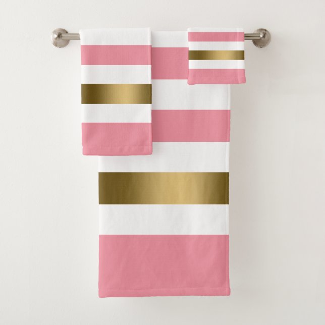 Pink and white stripes pattern gold accents bath towel set (Insitu)