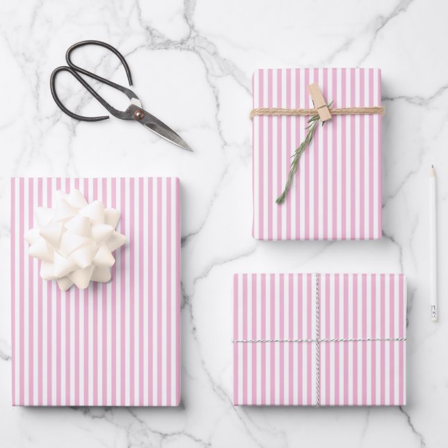 Pink and White Stripes Pattern Wrapping Paper Sheet (Front)