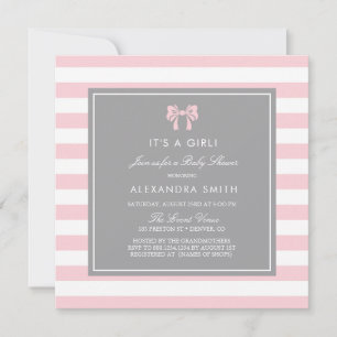 Pink and White Stripes with Bow Baby Shower Invitation