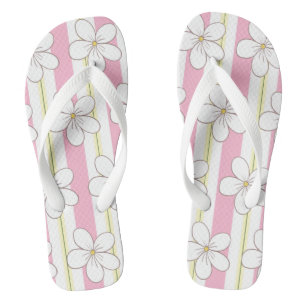 Pink And White Stripes With Flowers Thongs