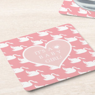 Pink and White Swan Pattern for Baby Shower Square Paper Coaster