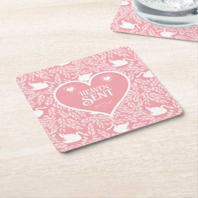 Pink and White Swan Pattern for Baby Shower  Square Paper Coaster (Angled)