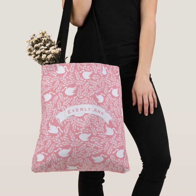 Pink and White Swan Pattern Tote Bag (Close Up)