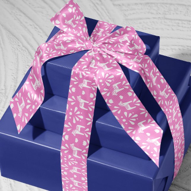 Pink and White Swedish Dala Horse Holiday Gift Satin Ribbon (Scandinavian Swedish pink and white Dala horse patterned ribbon)
