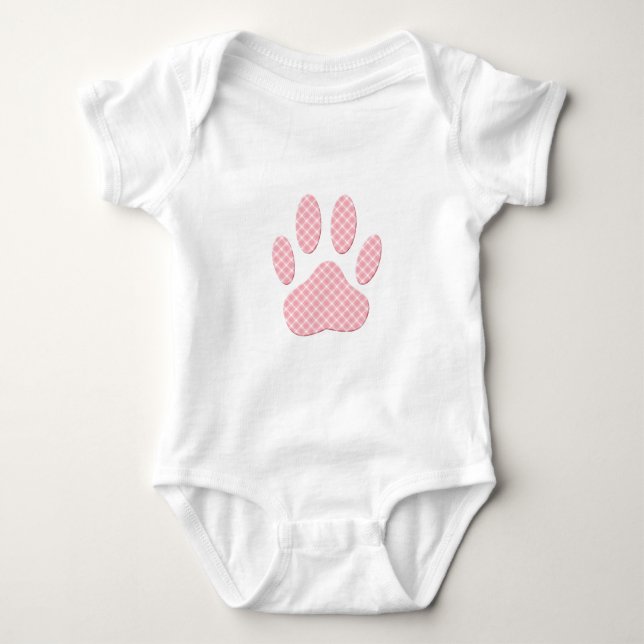 Pink And White Tartan Dog Paw Print Baby Bodysuit (Front)