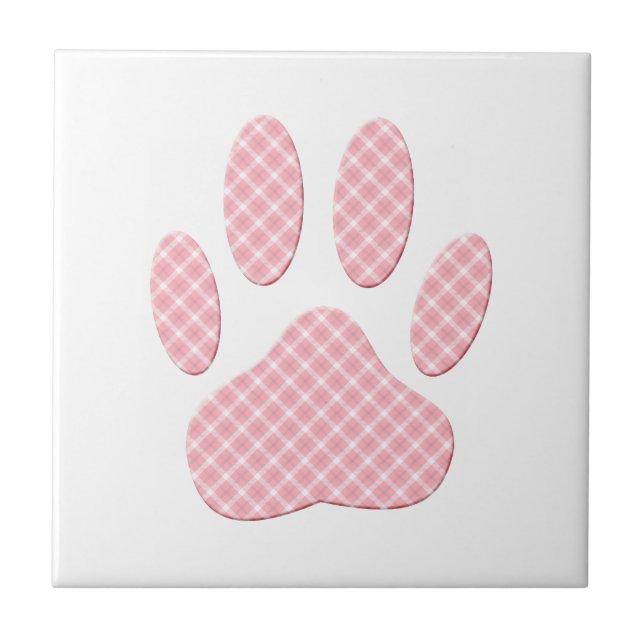 Pink And White Tartan Dog Paw Print Ceramic Tile (Front)