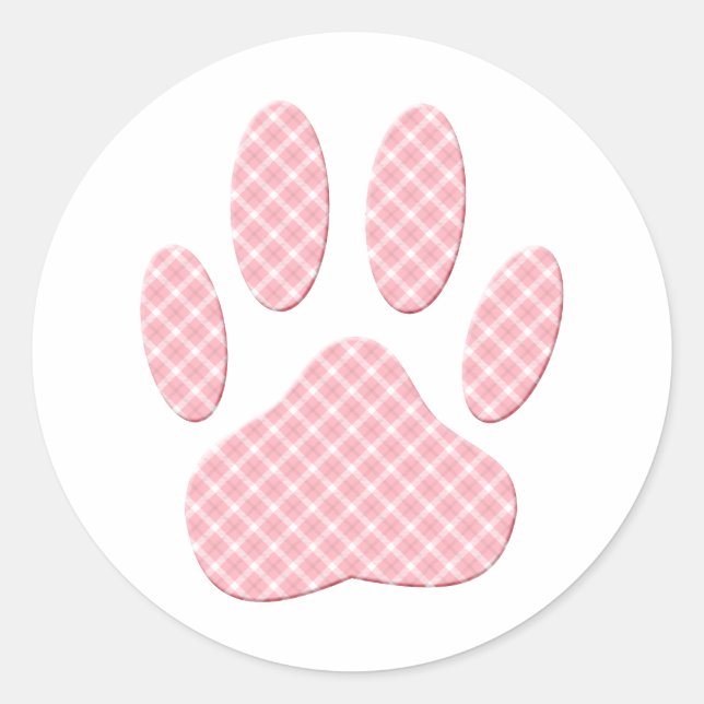 Pink And White Tartan Dog Paw Print Classic Round Sticker (Front)