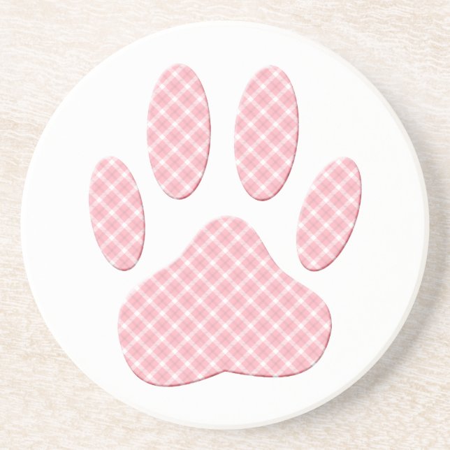 Pink And White Tartan Dog Paw Print Coaster (Front)